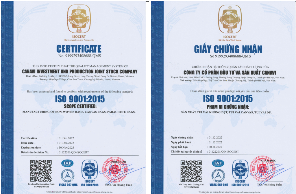 chứng nhận ISO công ty cổ phần đầu tư và sản xuất túi vải Canavi